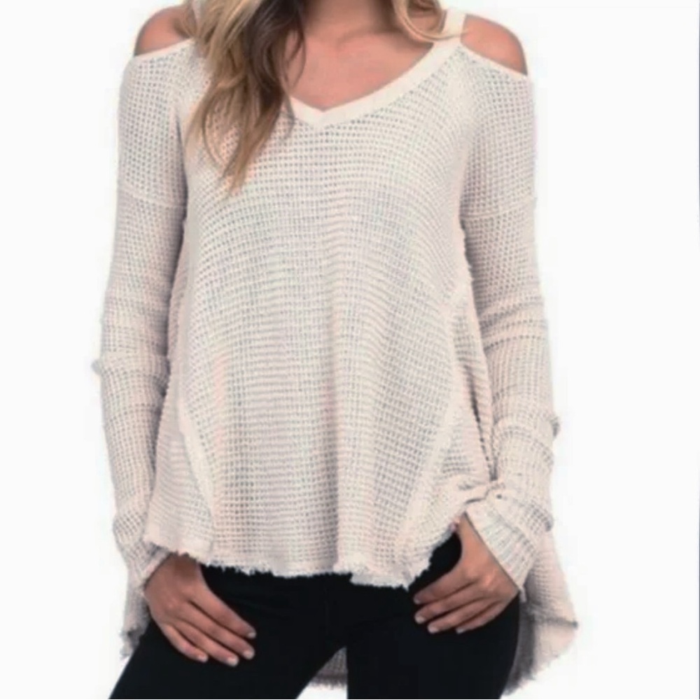FREE PEOPLE Cold Shoulder Waffle Knit Sweater Beige Size Medium